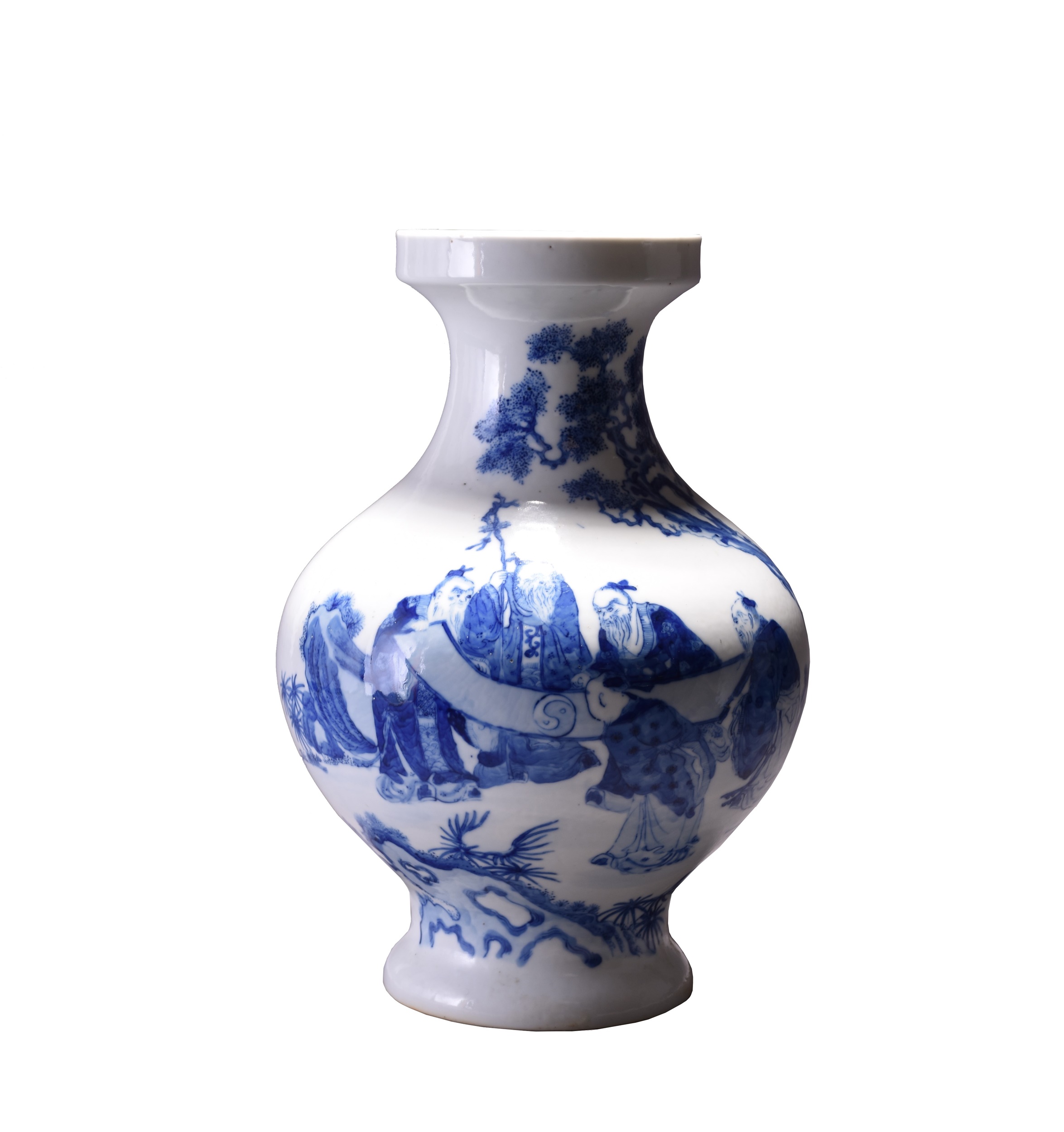 A beautiful Qianlong mark and period blue and white vase decorated with scholars. Estimate: £1,000-1,500